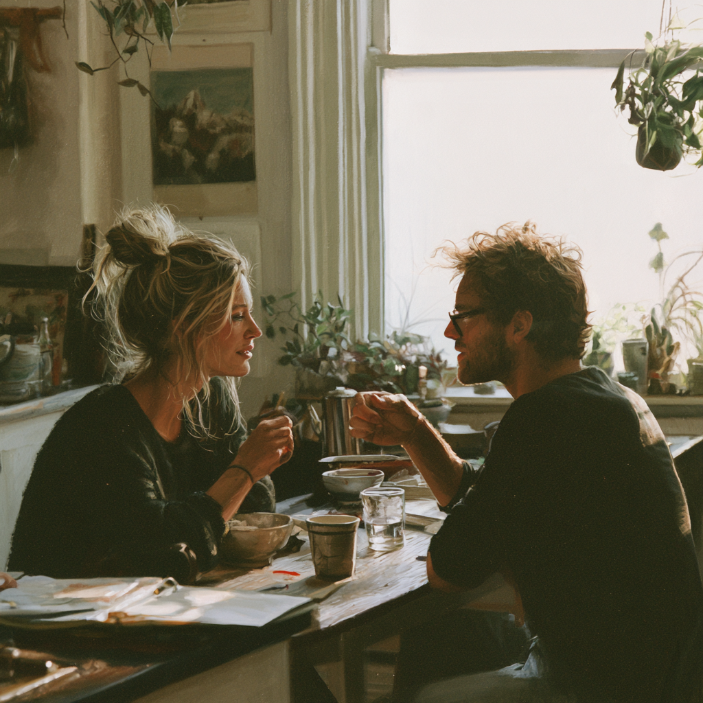 aedyn3407_a_human_couple_sitting_at_the_kitchen_table_talking_w_4d5d5be5-43b3-4e79-807a-4bf7bbf608b0