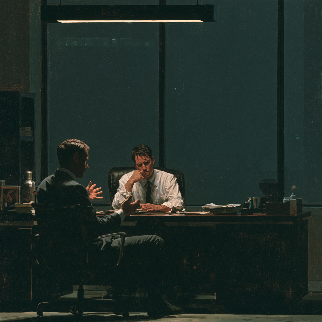 aedyn3407_a_man_sits_behind_a_desk_with_a_look_of_frustration_a_605a5d37-0af7-4ab1-8f7c-1335c7ec746d